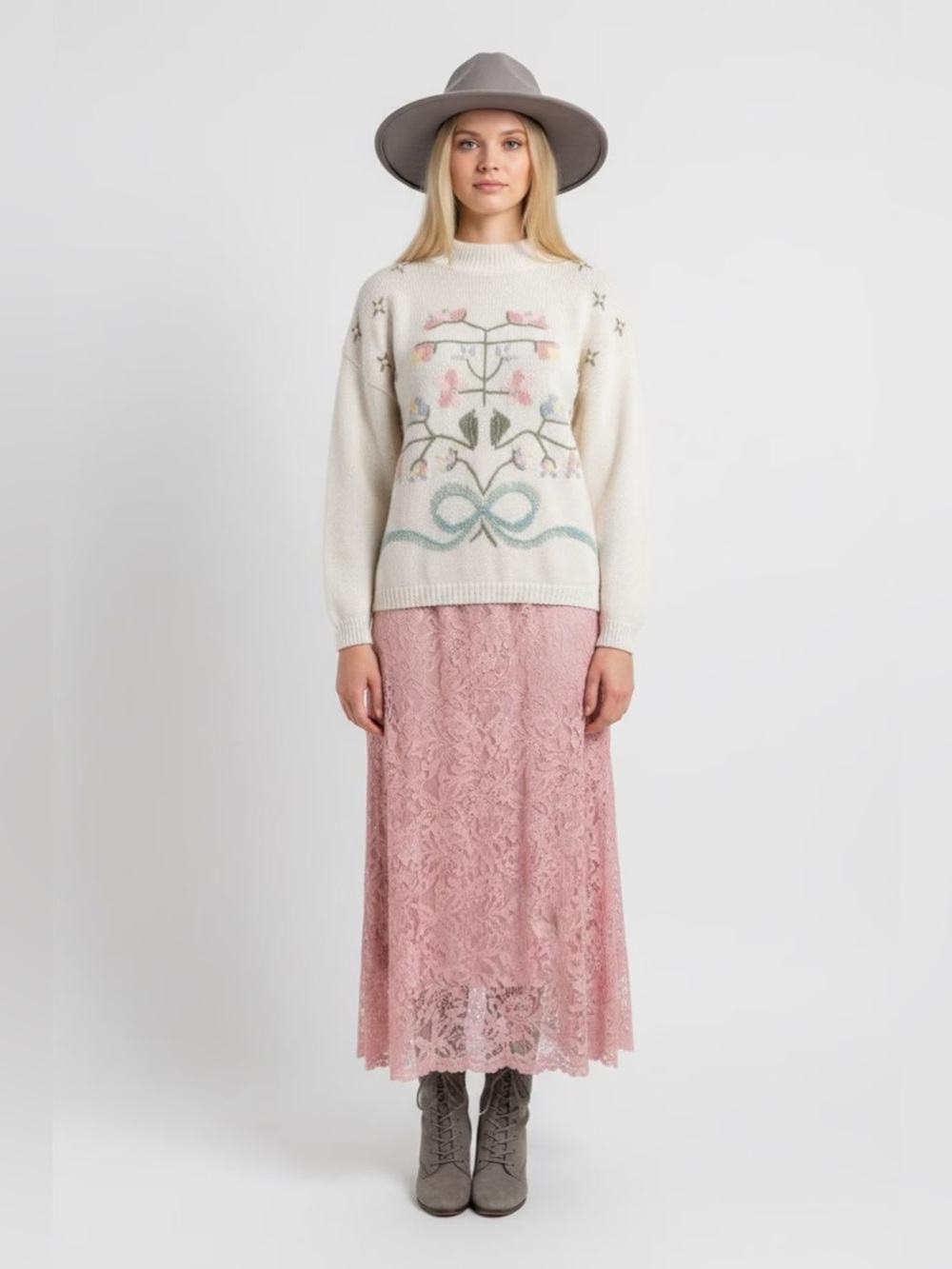 Vintage Cotton Bow Embroidered Cream Floral Sweater